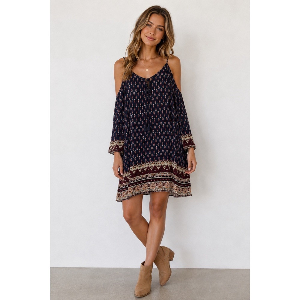 Blu Pepper Tunic Dress Women's Large Geometric Cold Shoulder Sleeve Party Wear